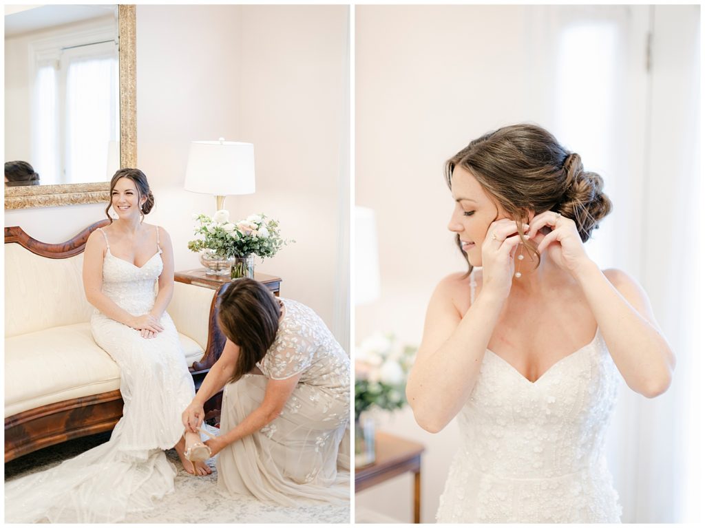 A bride putting on earrings. 