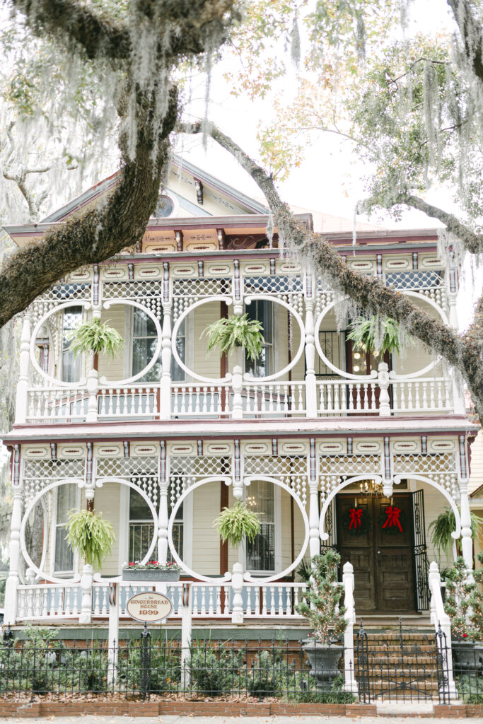 A colorful two story colonial mansion in downtown Savannah.