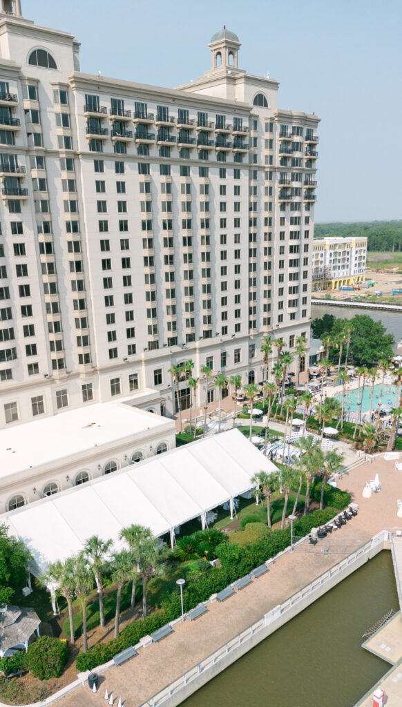 Aerial view of Westin Savannah with white tents set up. 