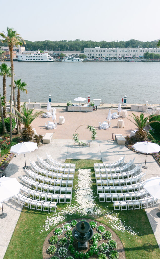 An aerial view of a ceremony space at the Westin Savannah overlooking Savannah River. 