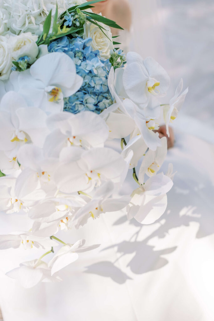 Orchid Bouquets backed by blue hydrangeas being held by a bride.