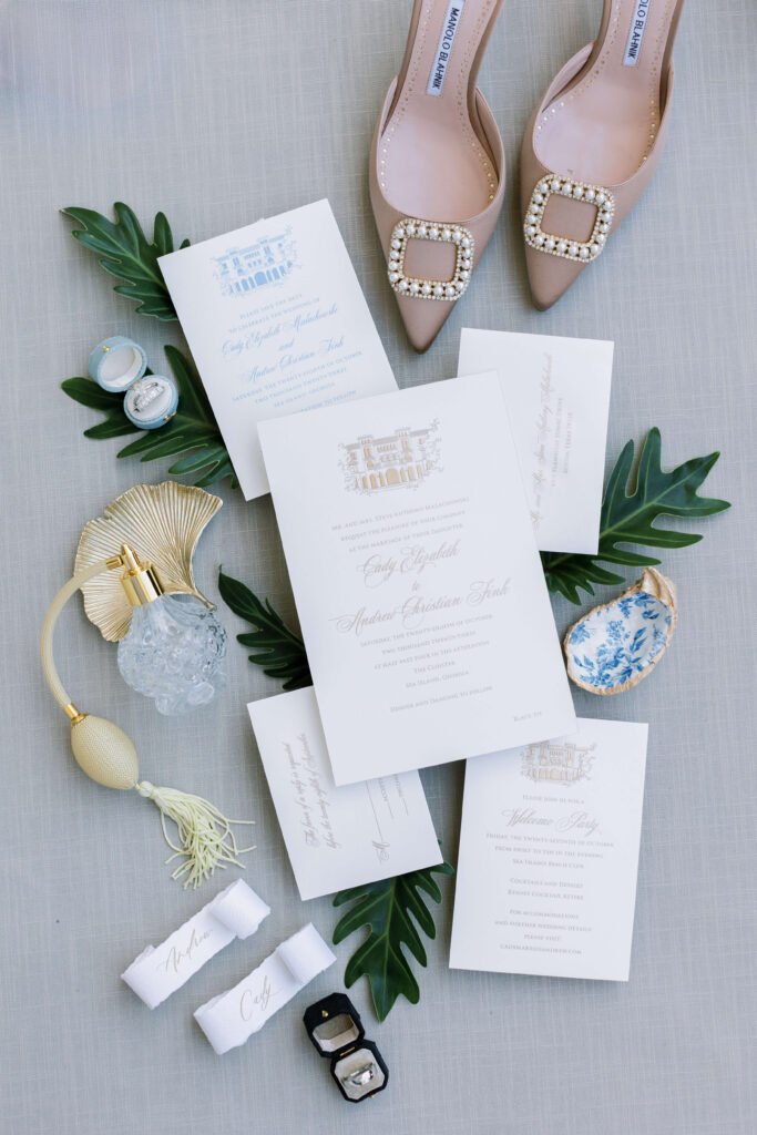 Sea Island wedding invitations with Manolo Blahnik heels.